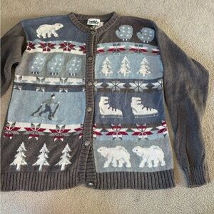 Northern Reflections Winter Christmas cardigan ski, polar bear, ice skate, pine